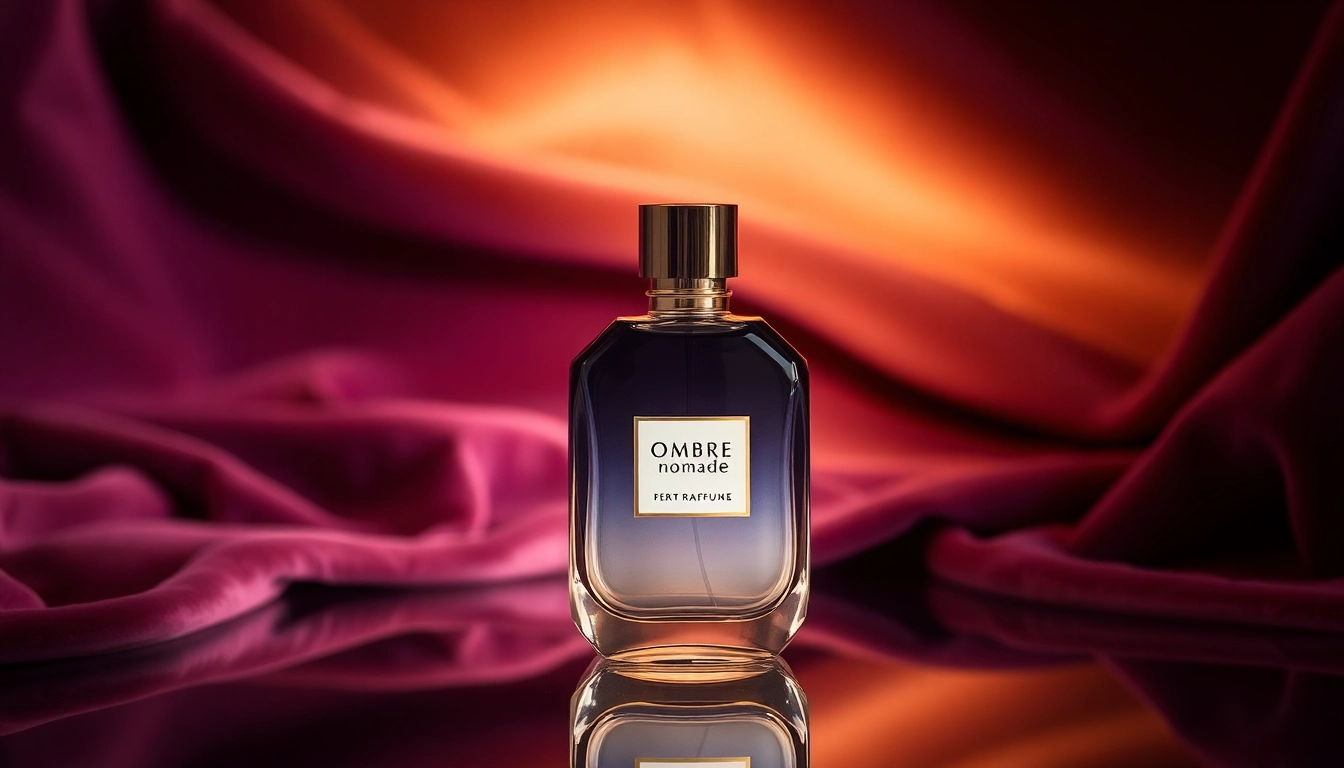 Showcase an elegant Ombre nomade perfume bottle against a rich violet velvet background.