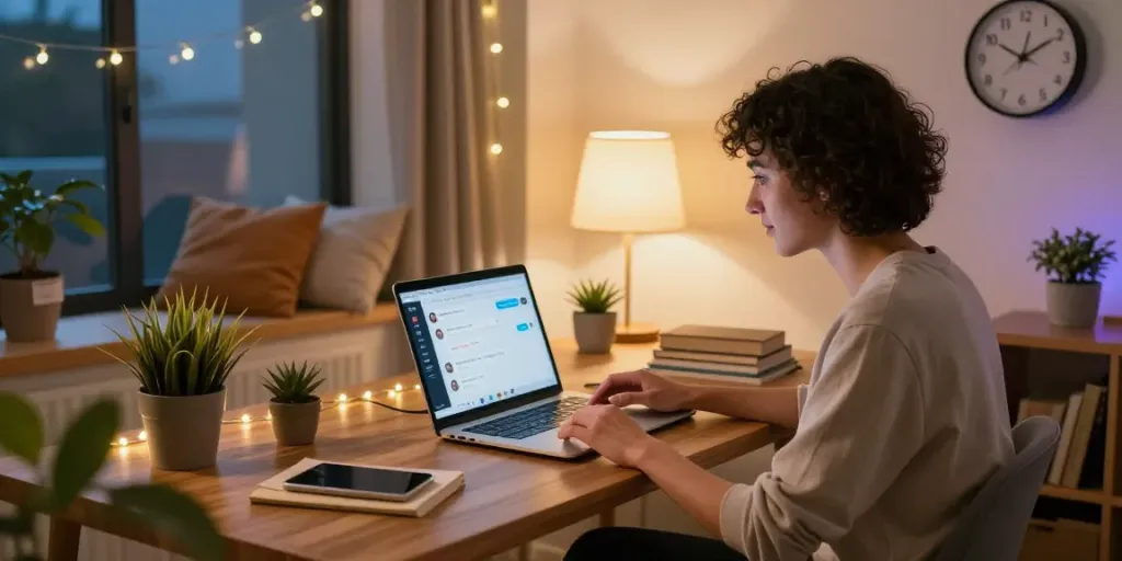 Engaging ai chat porn interaction in a cozy home office setting with digital interface and inviting atmosphere.